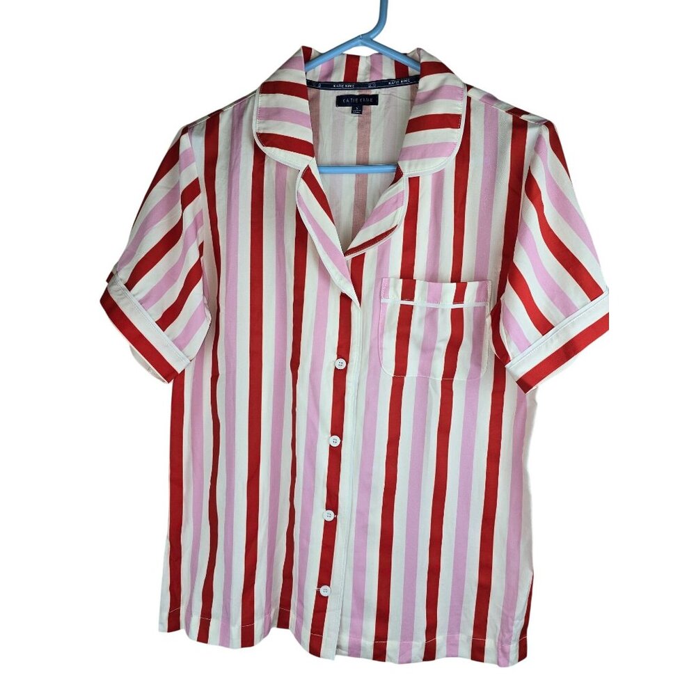 Katie Kime Red & Pink Striped Button-Up Short Sleeve Shirt Small